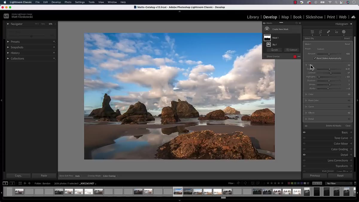 Scrolling through masking adjustments on sky with multiple panels open
