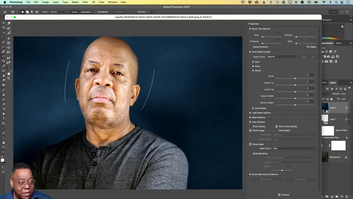 Face-Aware Liquify panel open with face detection active