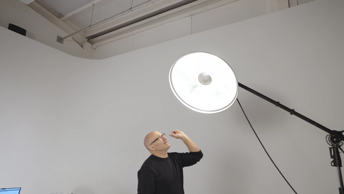 Silver 70cm beauty dish shown up close in studio