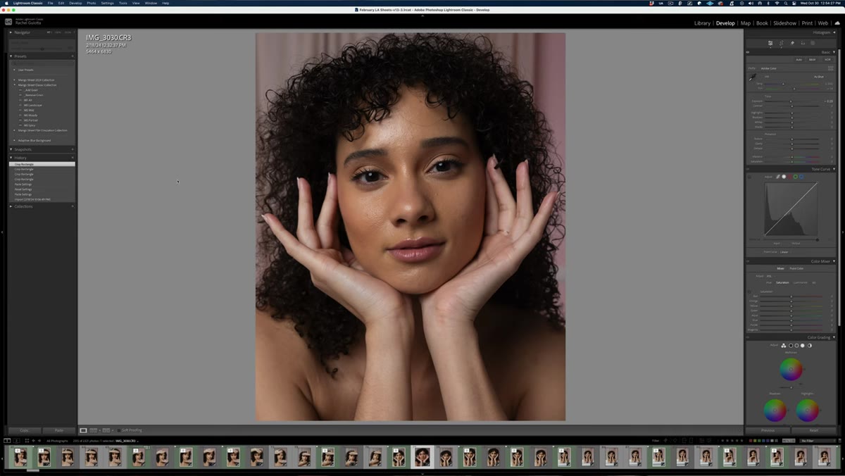 Applying the MS Portrait preset in Lightroom with shadow slider adjustment