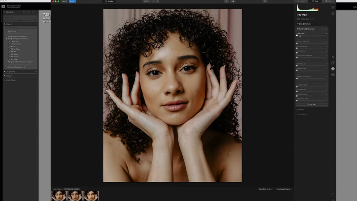 Portrait Enhancer tab open in Luminar 4 with facial feature adjustments visible