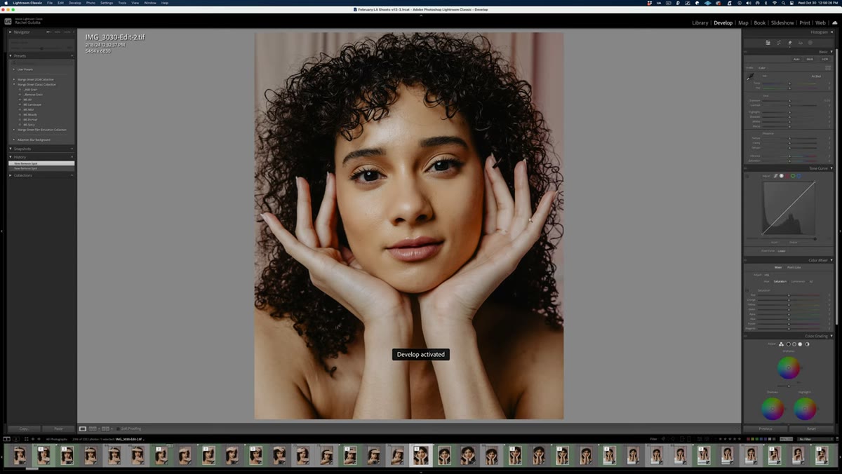 Lightroom Spot Removal tool active over a close-up portrait frame