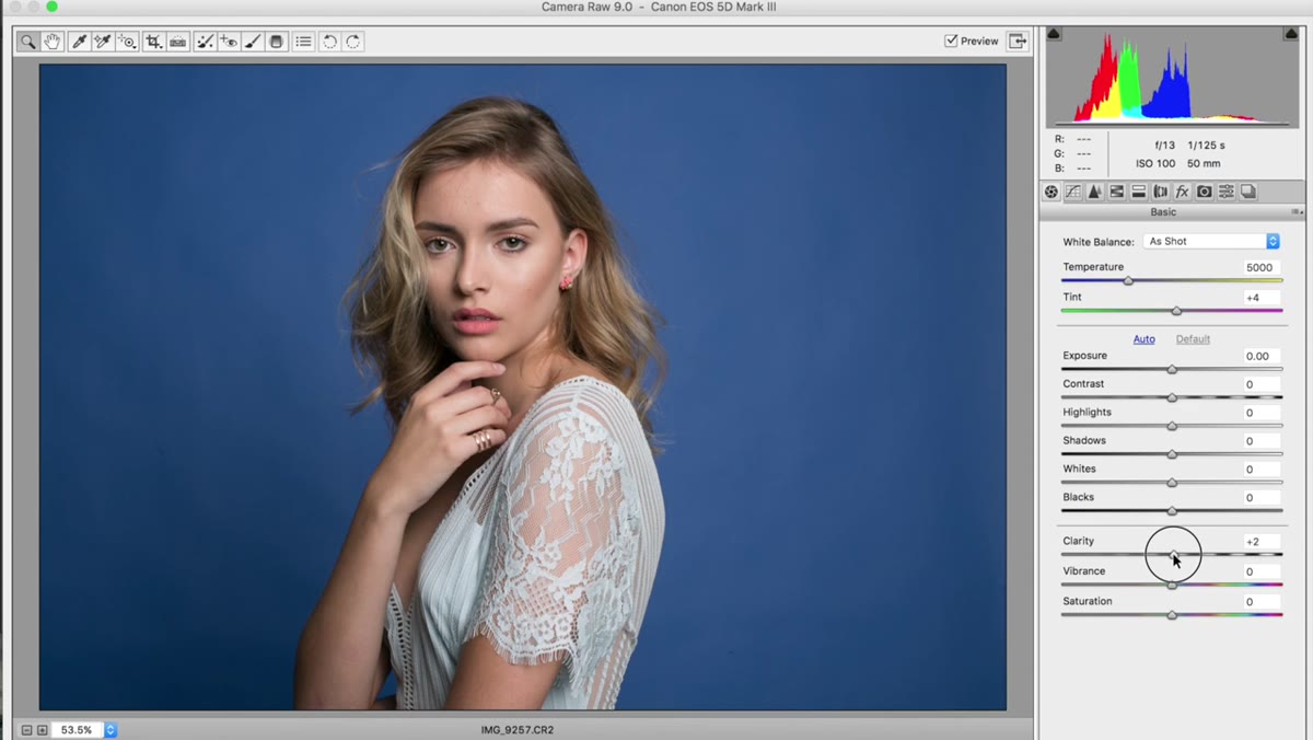 Camera Raw sliders panel showing Clarity bumped to plus three