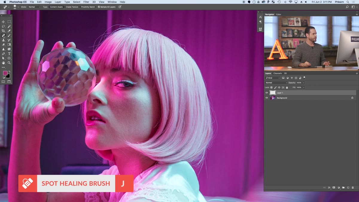 Spot Healing Brush selected in toolbar, Content Aware type checked