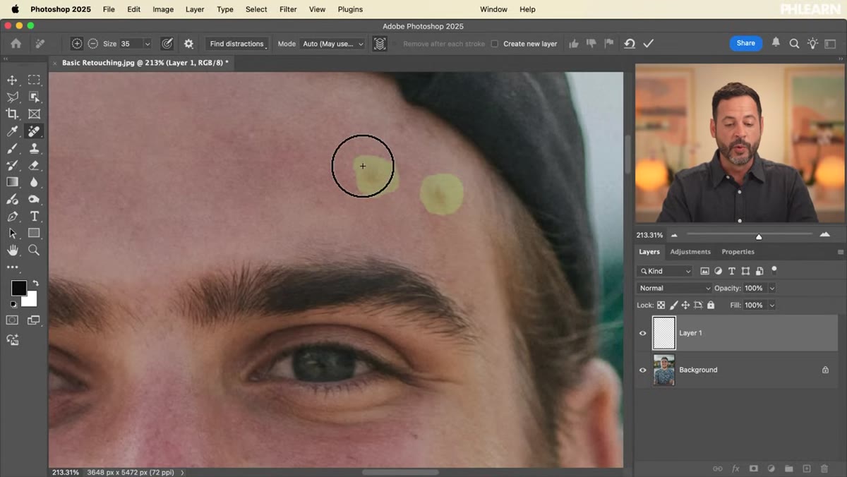 Chartreuse brush strokes painted over blemishes on subject&rsquo;s face