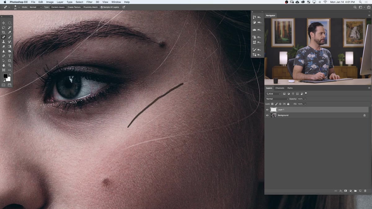 Brush stroke being painted over flyaway hair on portrait