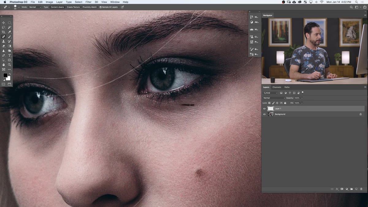 Spot Healing Brush softening fine lines under subject&rsquo;s eye