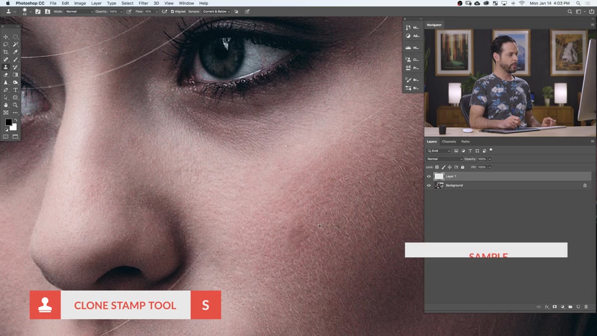 Clone Stamp tool sampling clean skin area near retouched zone