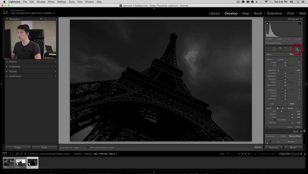 New adjustment brush with raised exposure and clarity values
