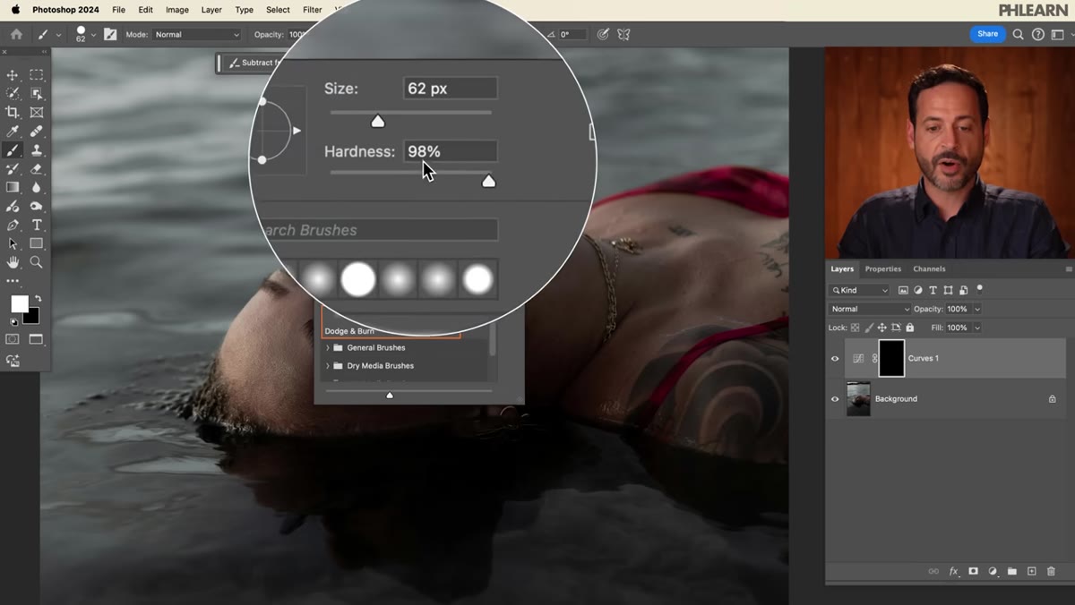 Right-click brush menu open, hardness slider set to 0%