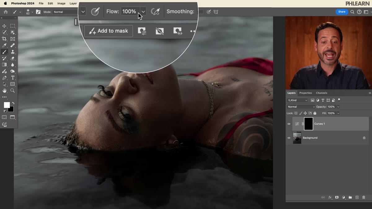 Flow setting in the top toolbar reduced to 10%