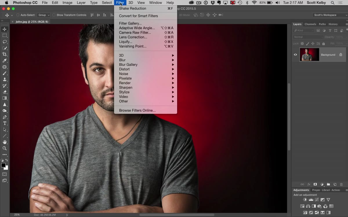 Filter menu open with Liquify option highlighted