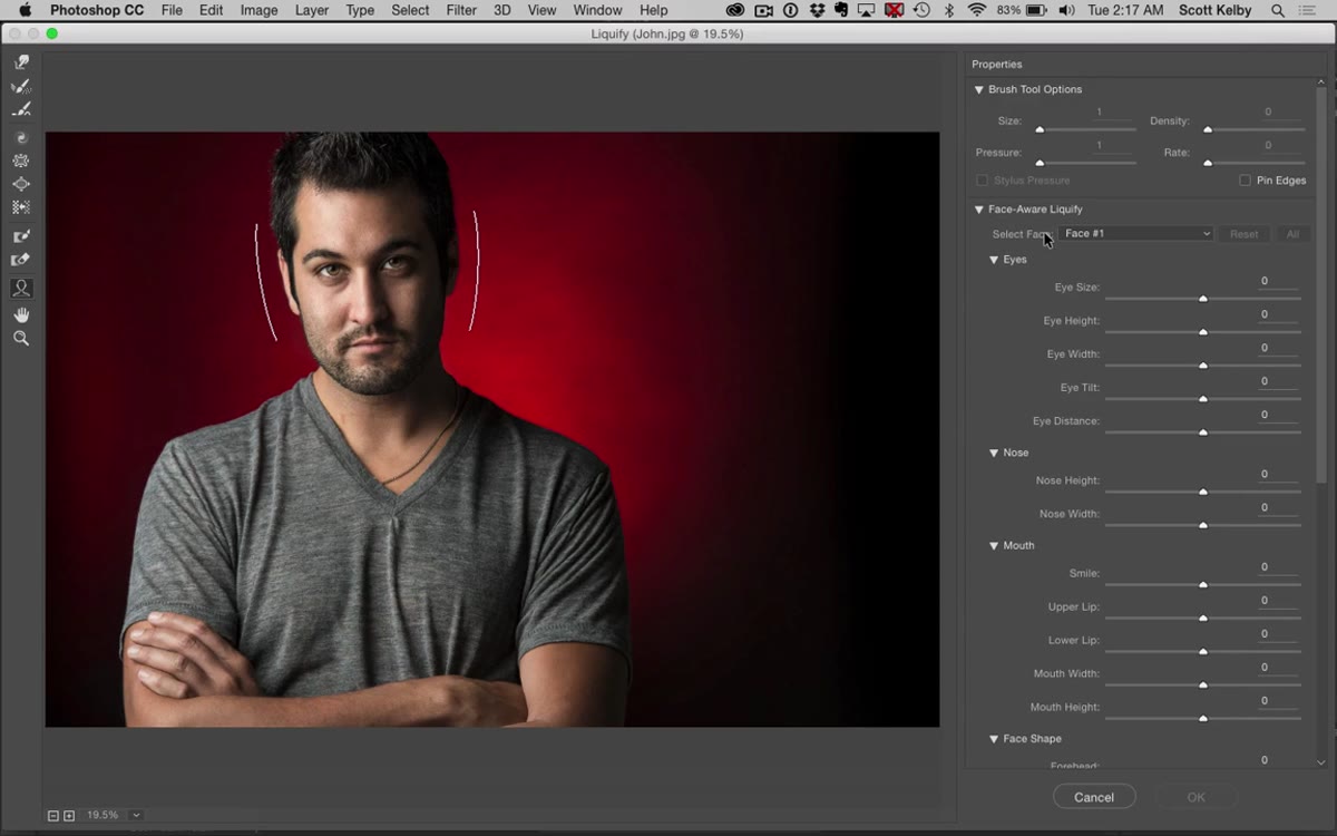 Face-Aware Liquify panel open with facial tracking lines visible on portrait