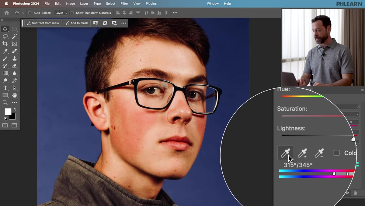 Eyedropper tool sampling red area on subject&rsquo;s skin