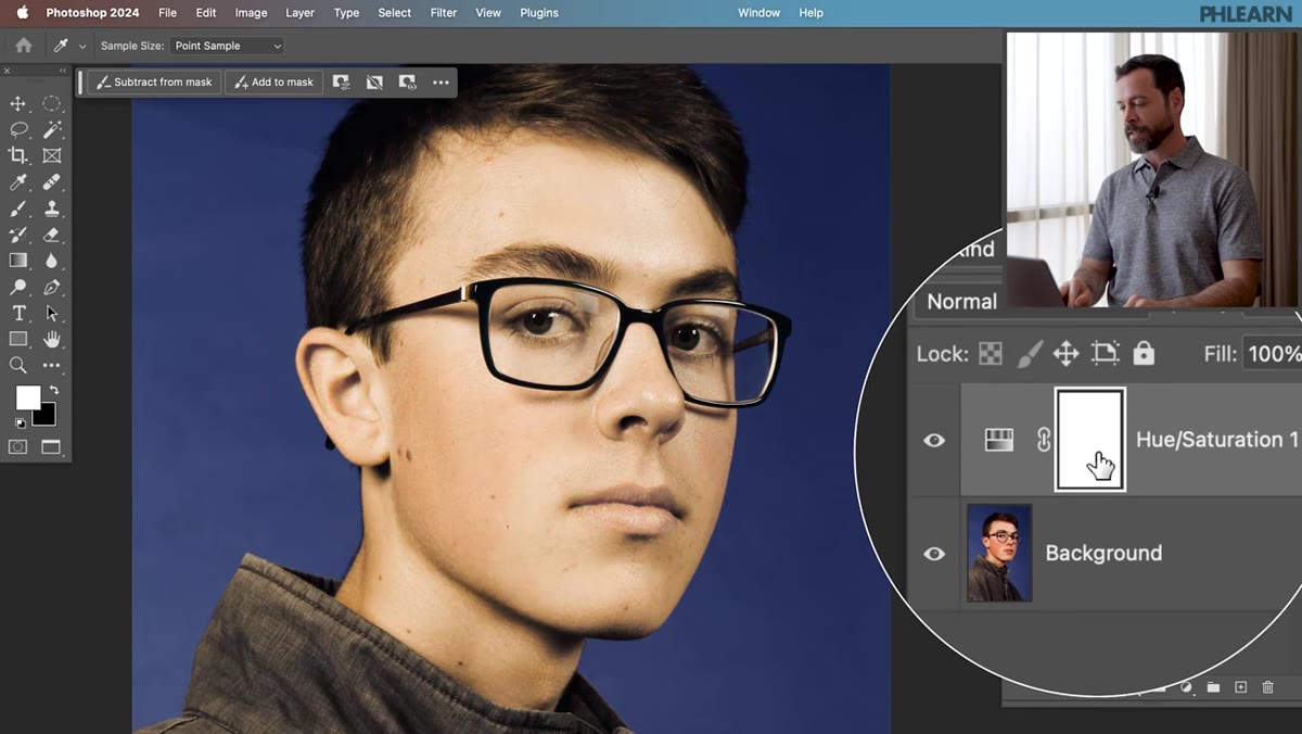 Layer mask inverted to black, brush tool selected