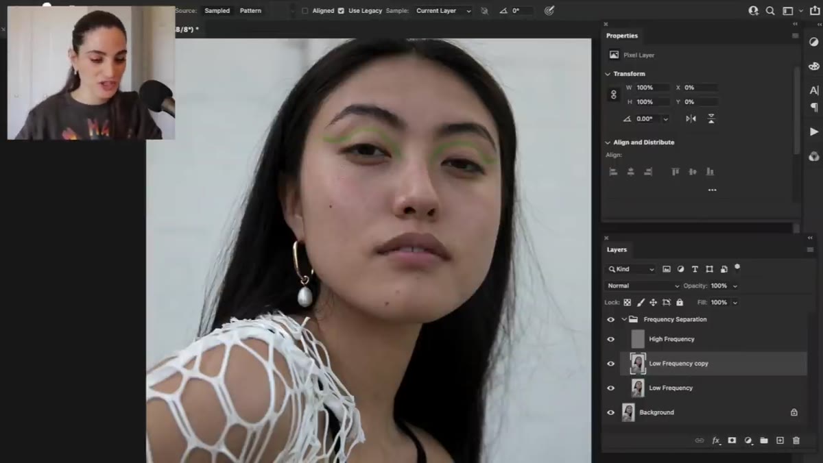 Frequency separation action applied to portrait in Photoshop
