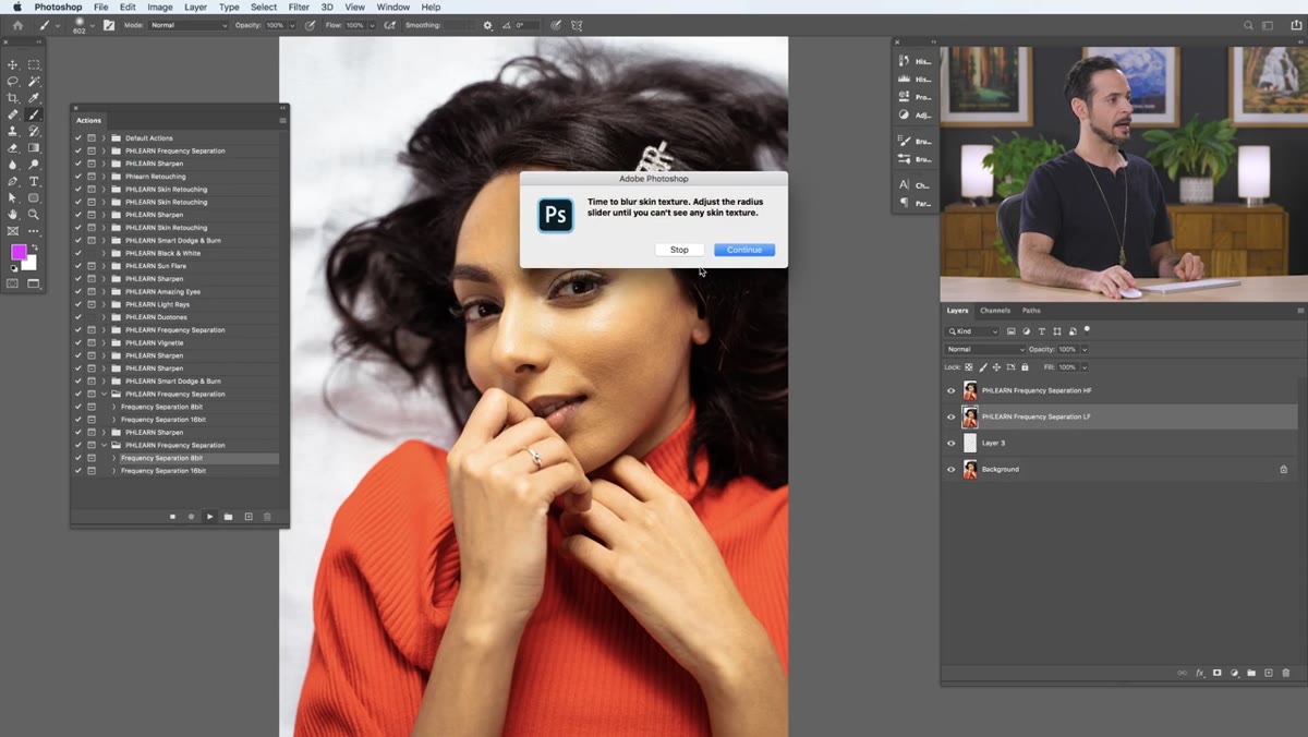 Gaussian Blur dialog box open over portrait image