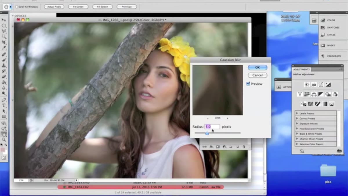Gaussian Blur dialog set to 5.0 pixels on color layer