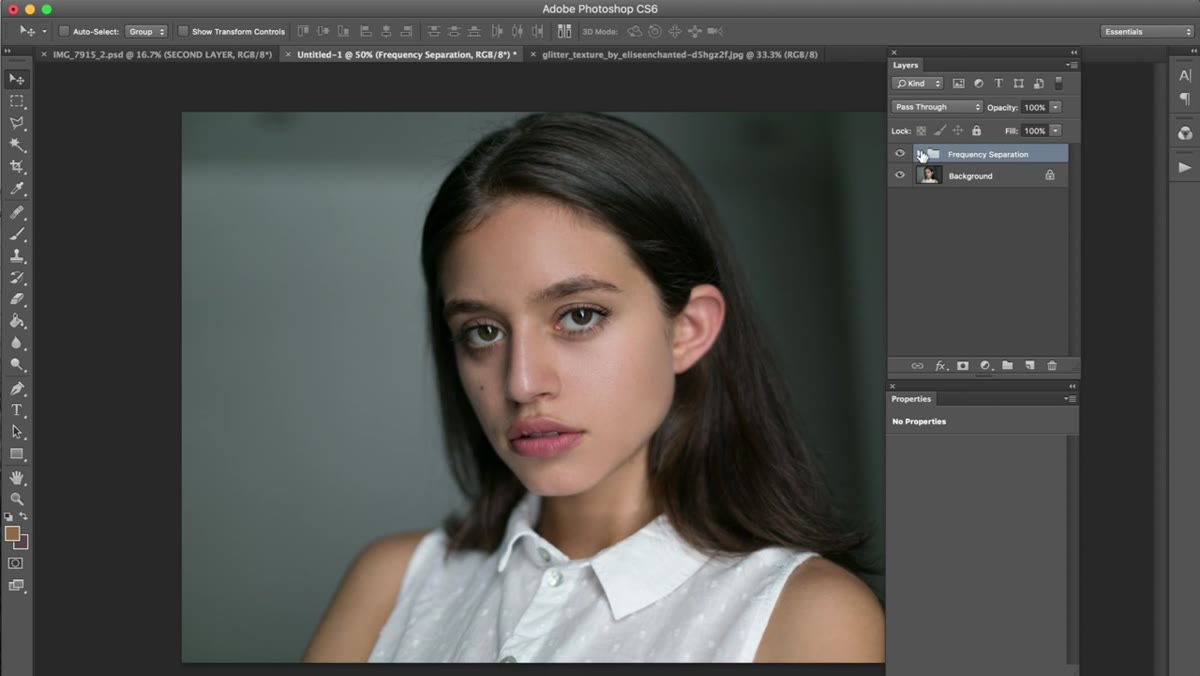 Before and after comparison of skin retouching on portrait