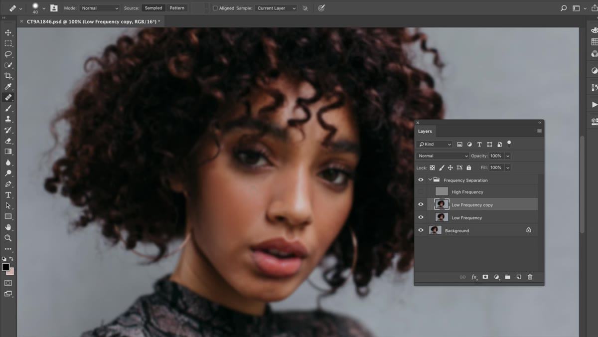 High frequency layer toggled back on, revealing texture over corrected tones