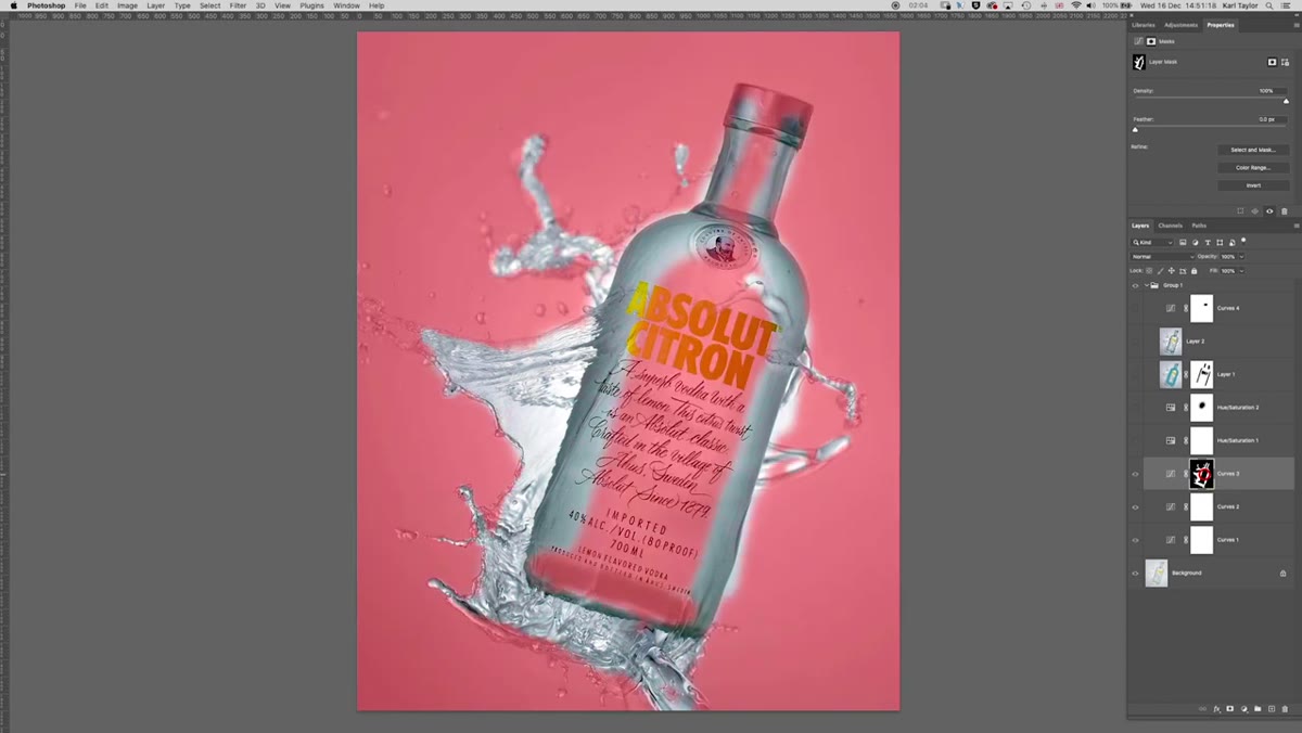 Layer mask showing contrast applied only to bottle and water areas