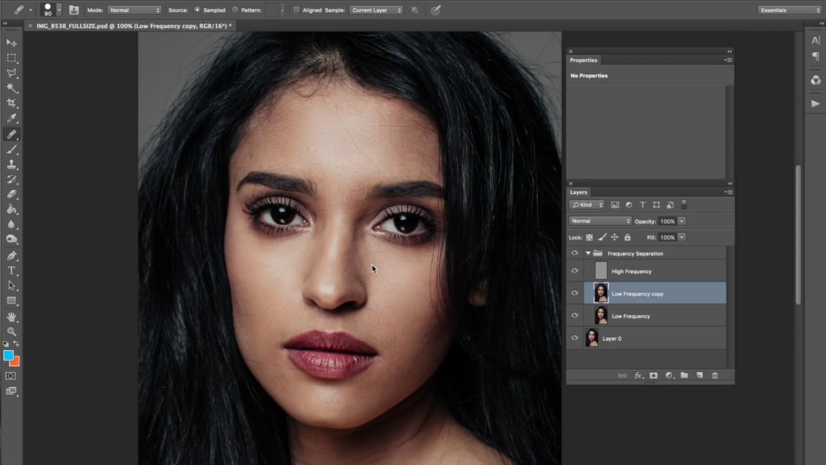 Low-frequency layer with subtle under-eye shadows retained