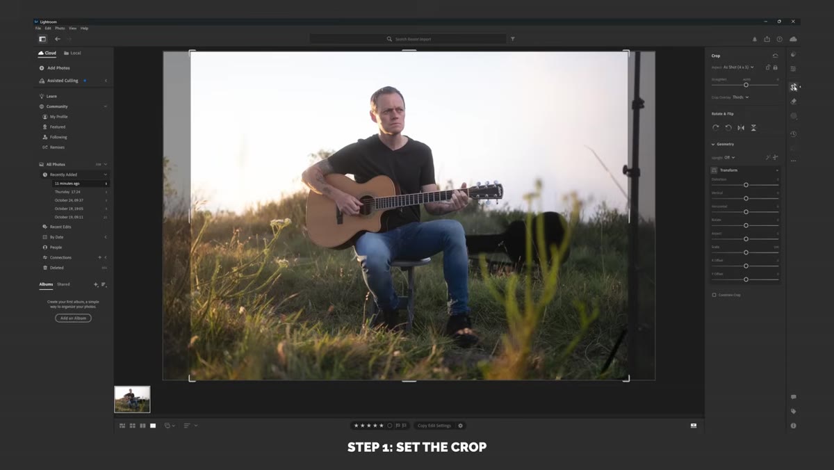 Lightroom crop tool active, portrait framing adjusted