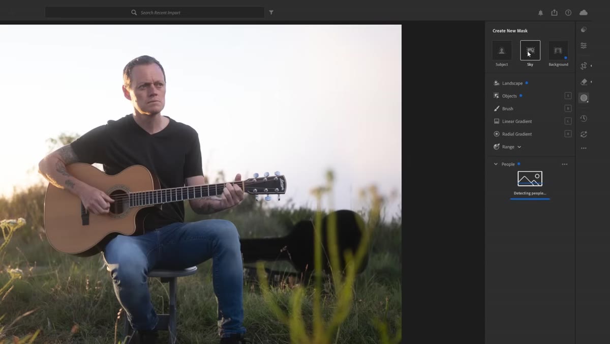 Masking panel open, sky selection highlighted in red overlay