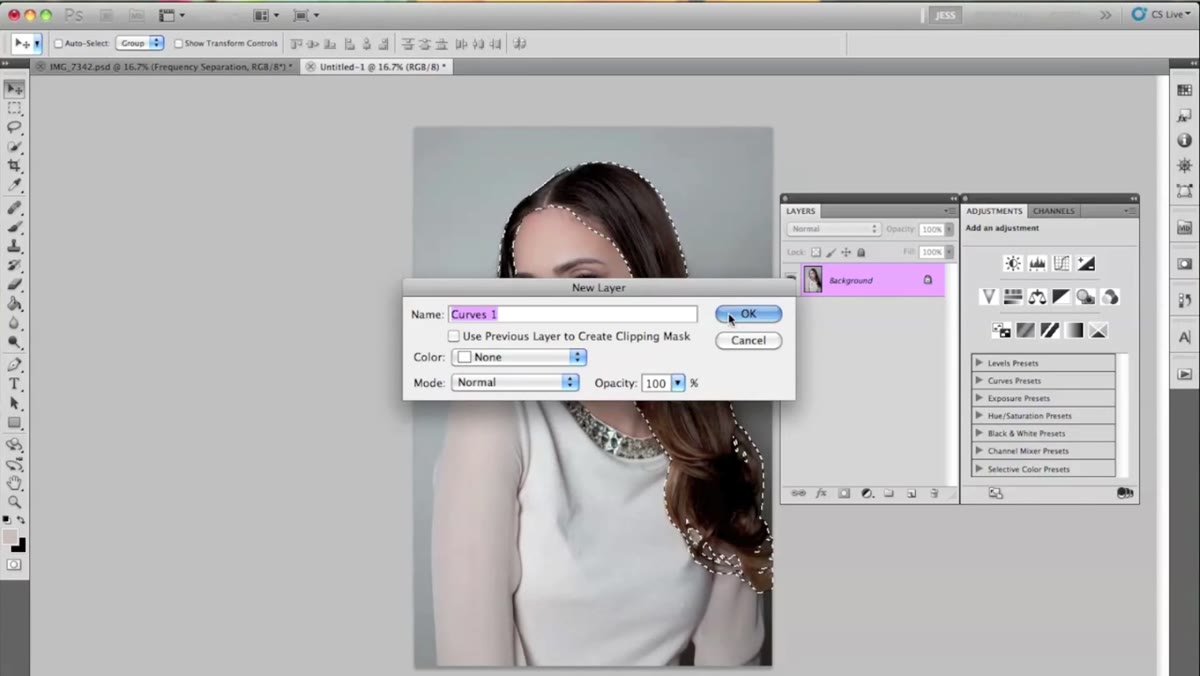 New Curves adjustment layer added with hair selection active