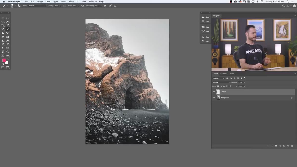 Aaron annotating lighter and darker zones on the cave image