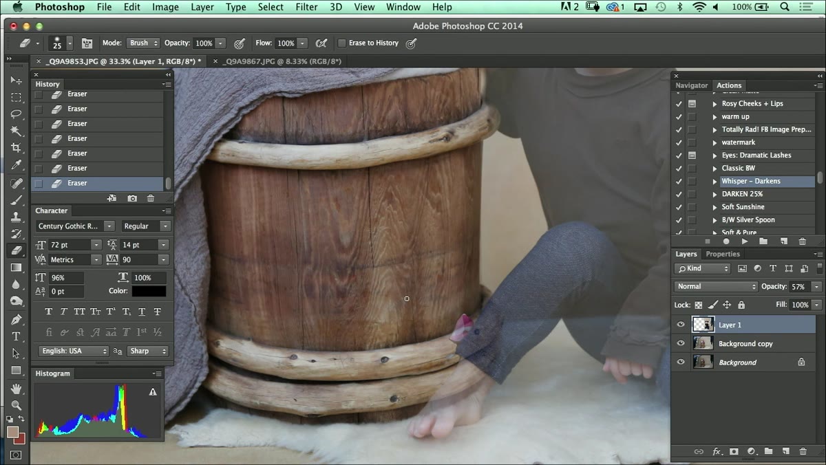 Shadow beneath subject&rsquo;s leg on studio background