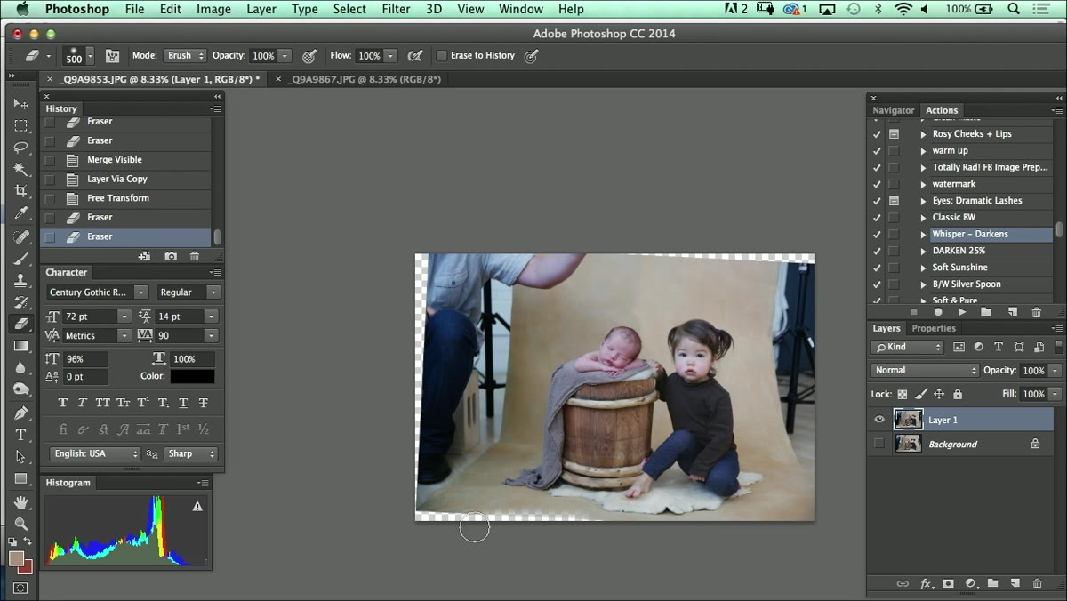 Soft eraser tool blending backdrop seam at top of frame