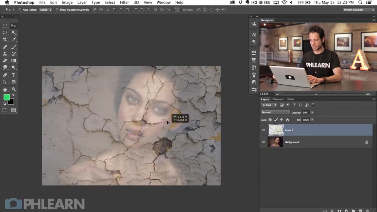 Texture layer at 50% opacity over the portrait