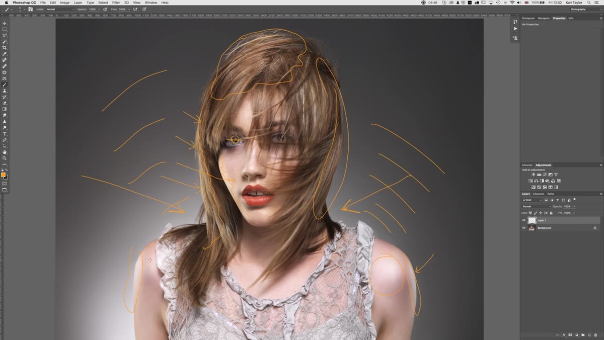 Annotation pointing to highlight on model&rsquo;s shoulder and dress