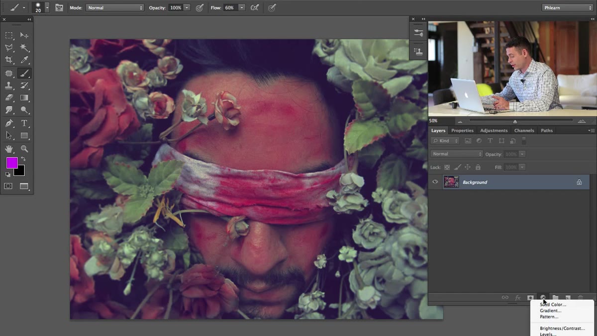 Hue/Saturation option highlighted in adjustment layers panel