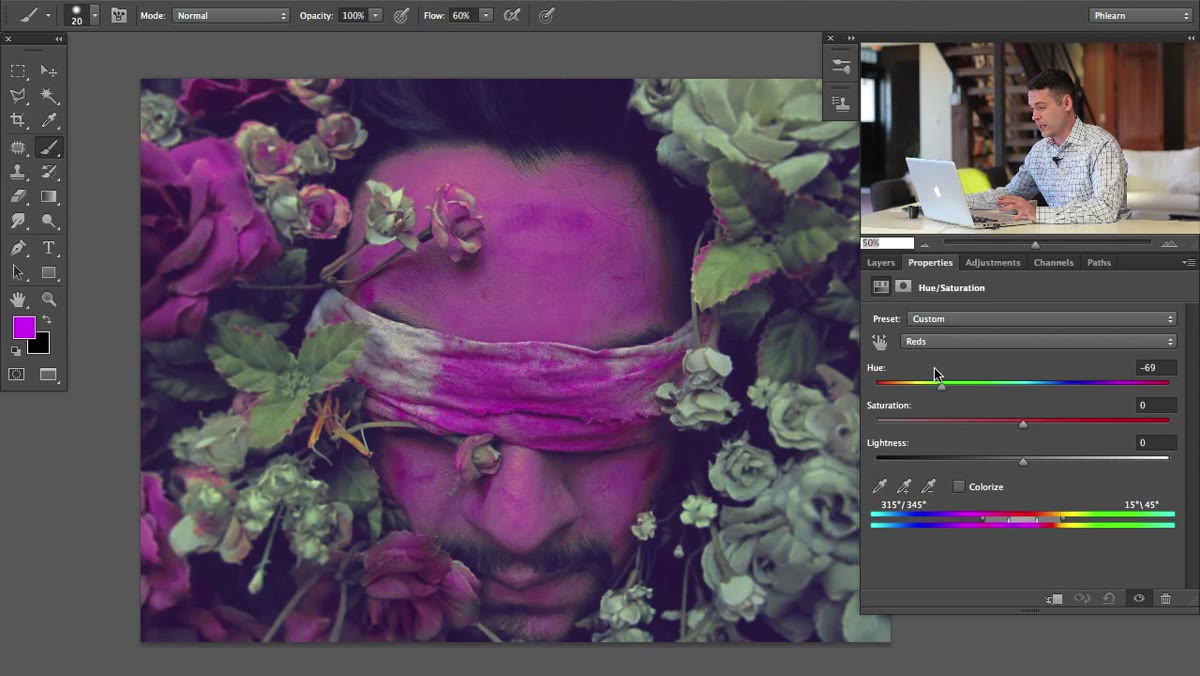 Hue slider being moved while greens in background remain unchanged