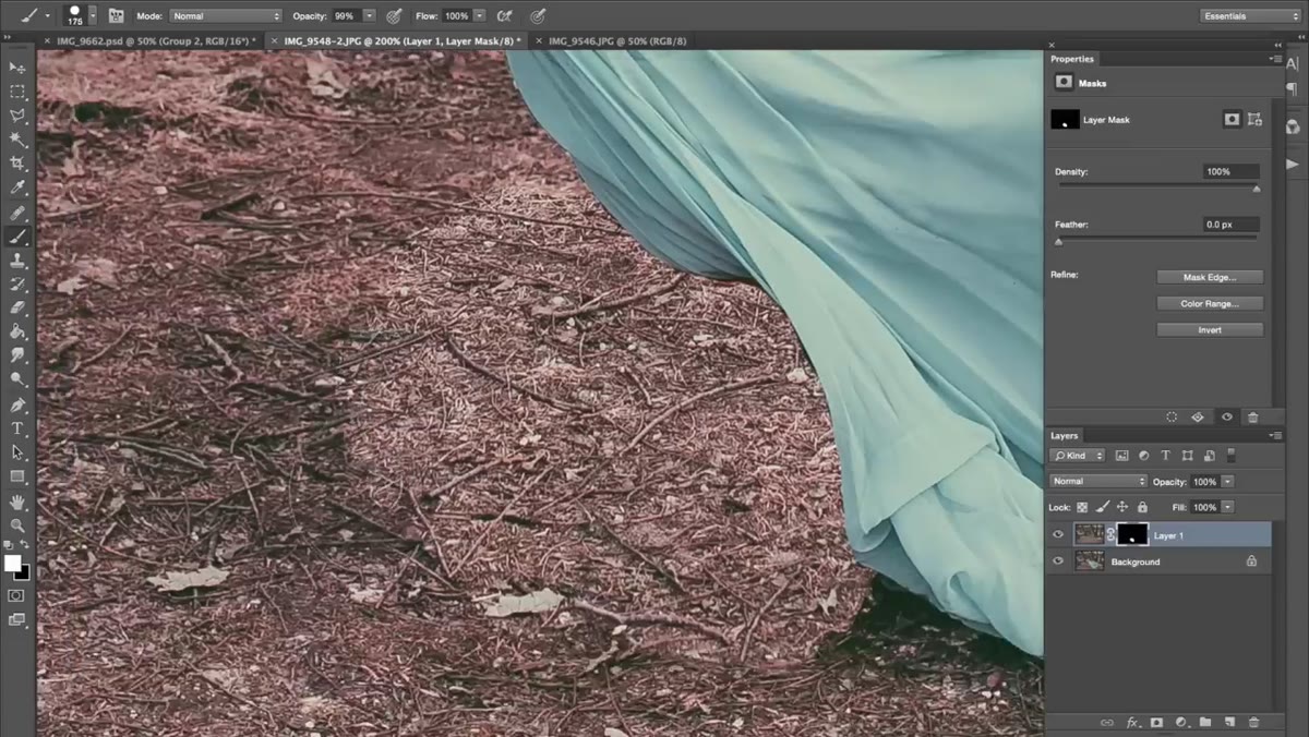 Close-up of mask edge refinement around model&rsquo;s feet and prop area