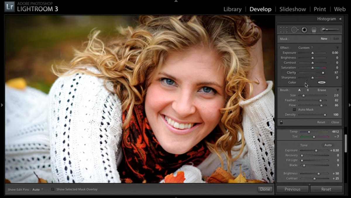Clarity slider pulled to negative 100 in the Adjustment Brush panel