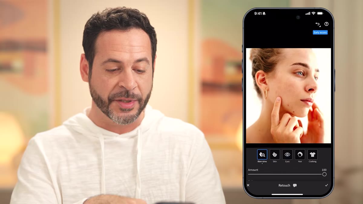 Blemishes tool activated, skin visibly clearing on screen