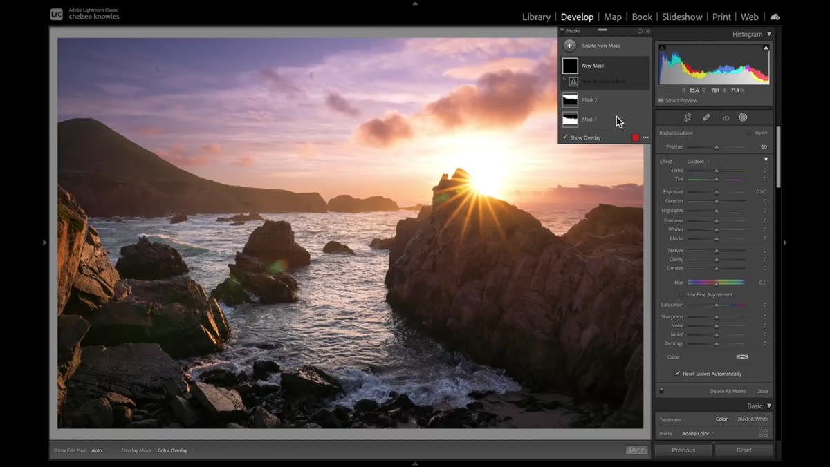 Placing a radial gradient mask over the sun flare area