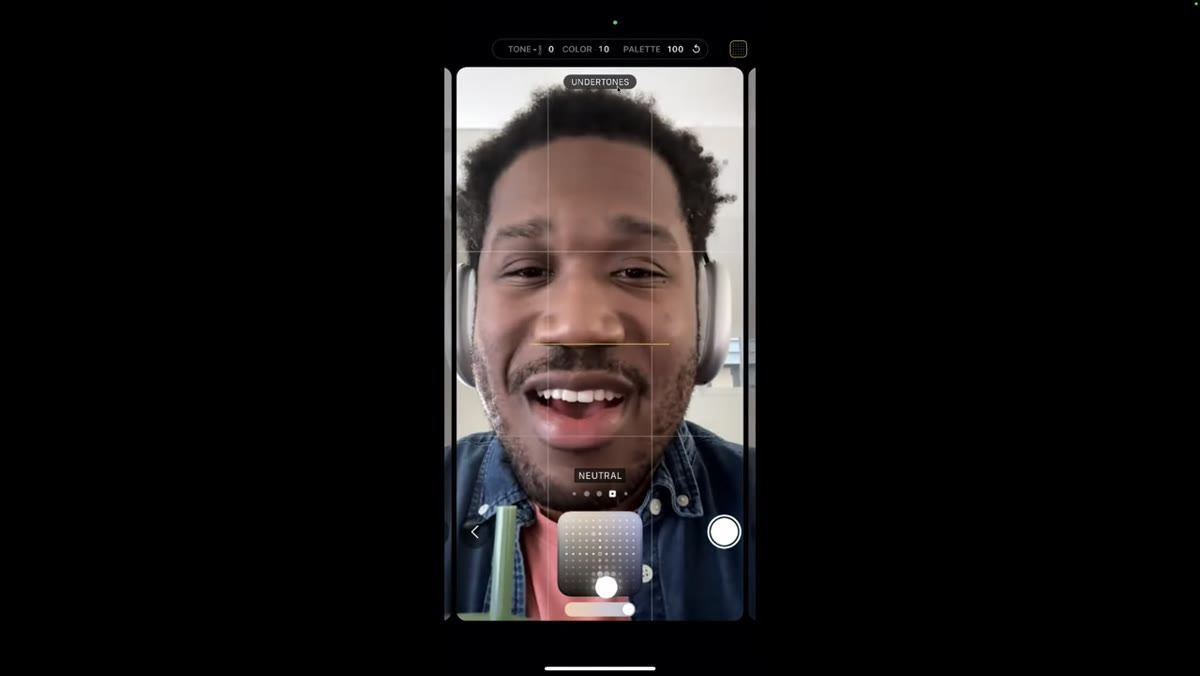 Camera app open in selfie mode with style applied pre-capture
