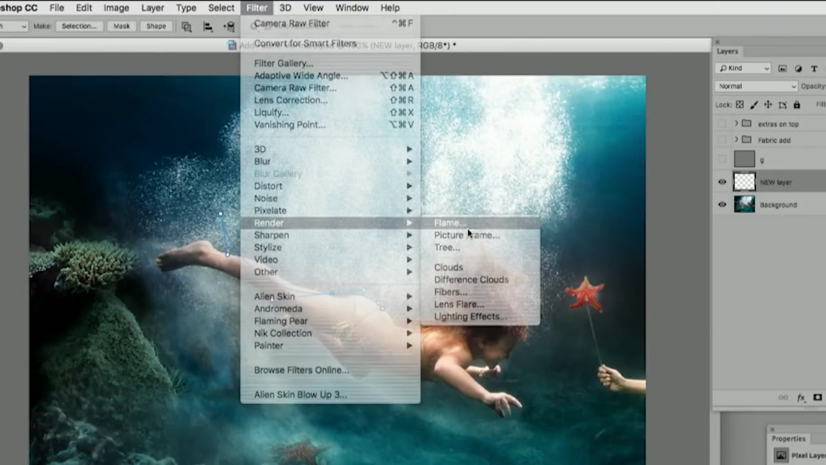 Filter menu open with Render submenu and Flame option highlighted