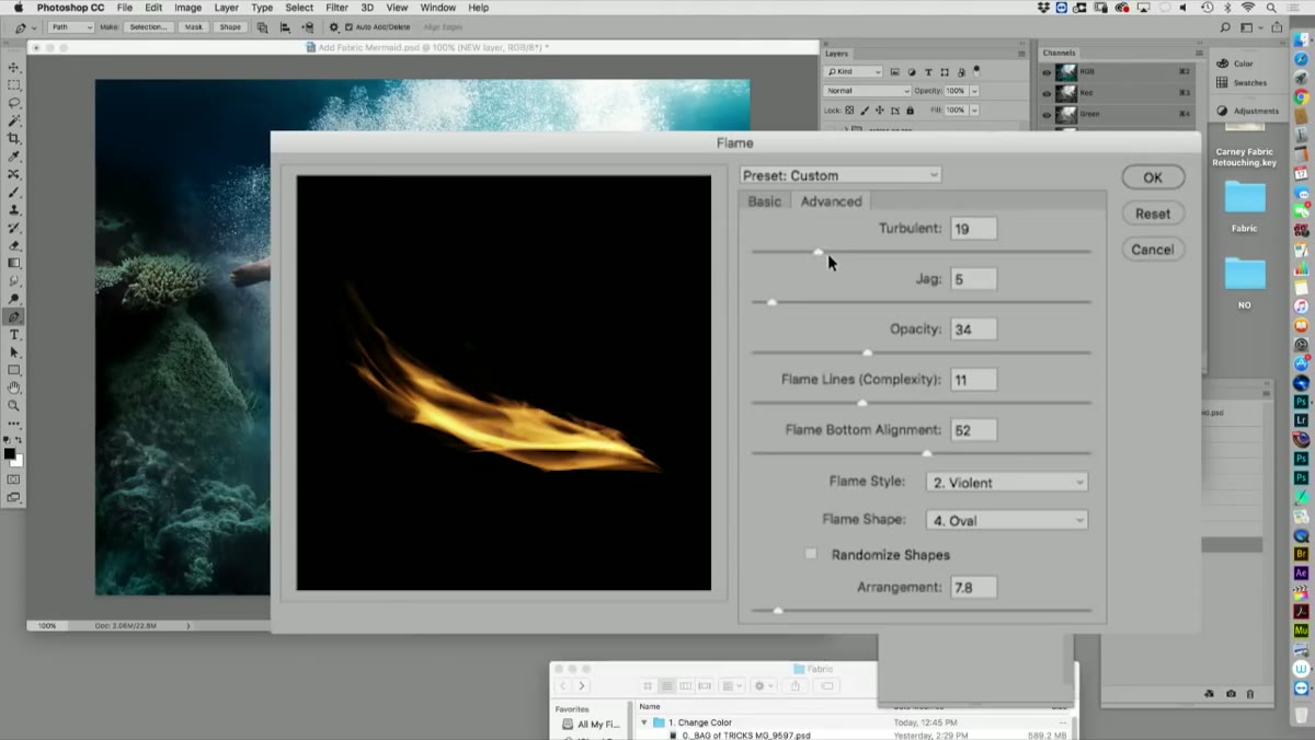 Advanced tab open in Render Flame dialog showing turbulence controls