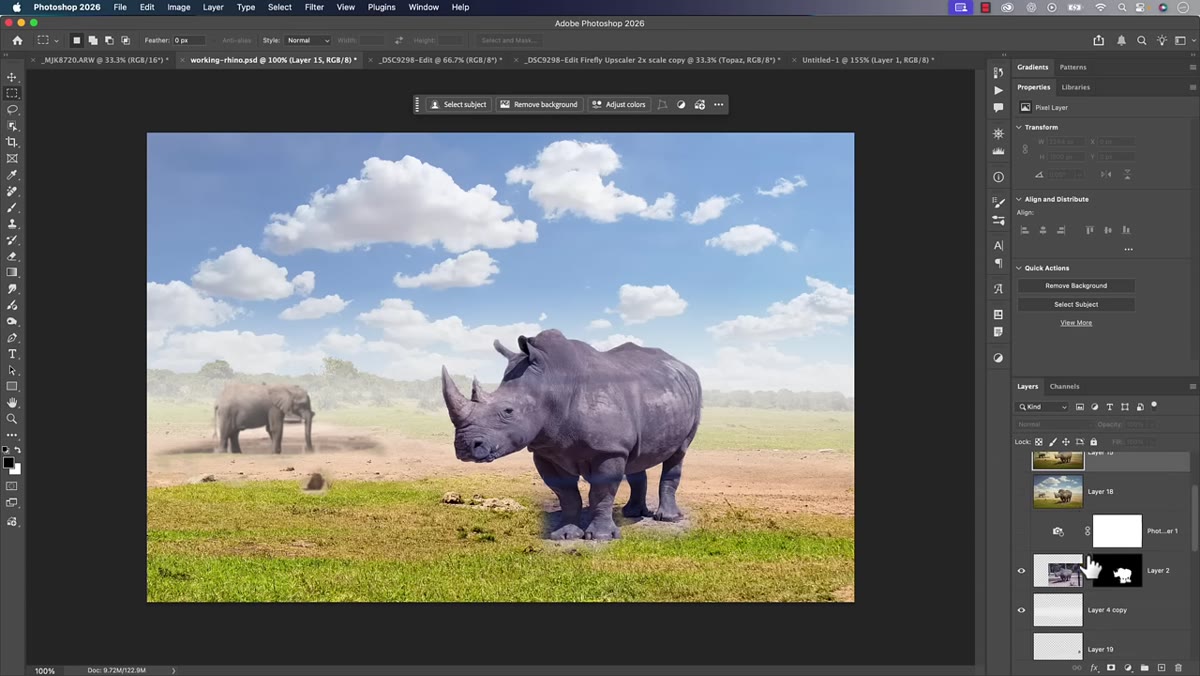 Composite image showing rhino layer against mismatched background