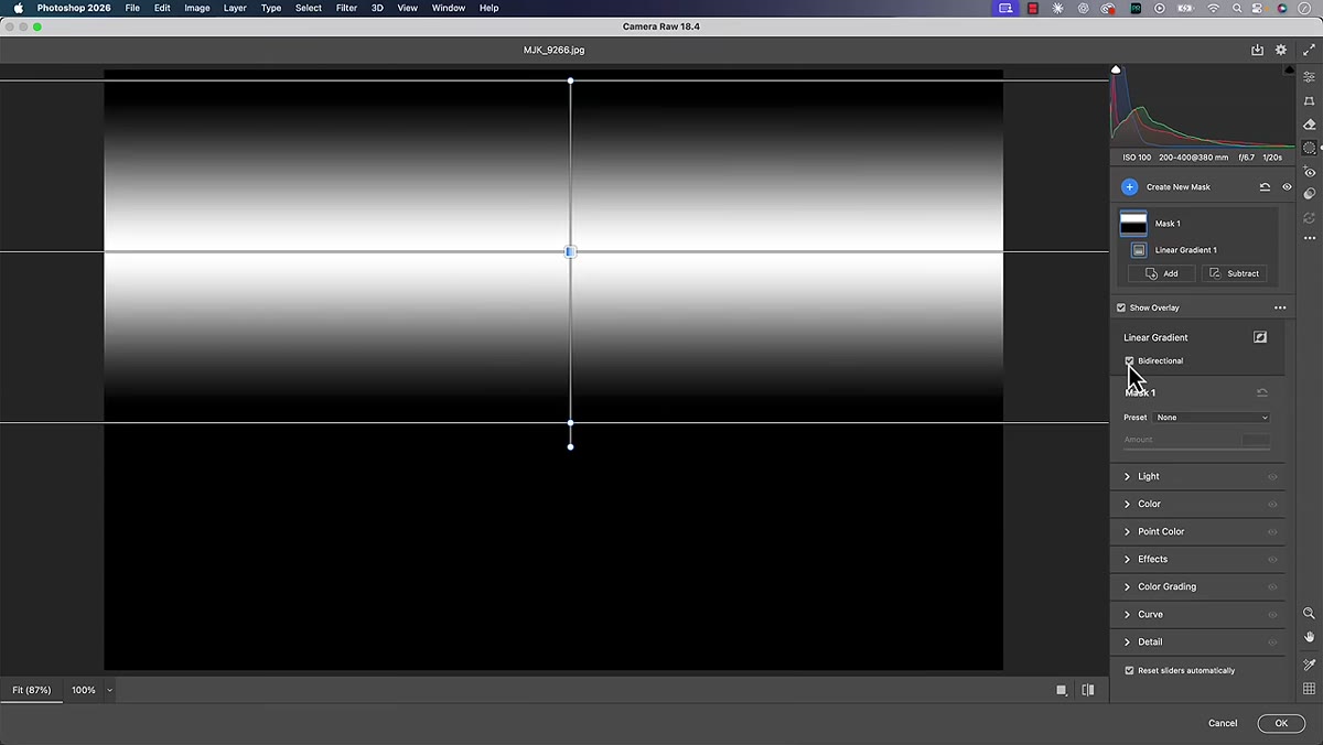 Bidirectional checkbox being enabled showing two-sided gradient