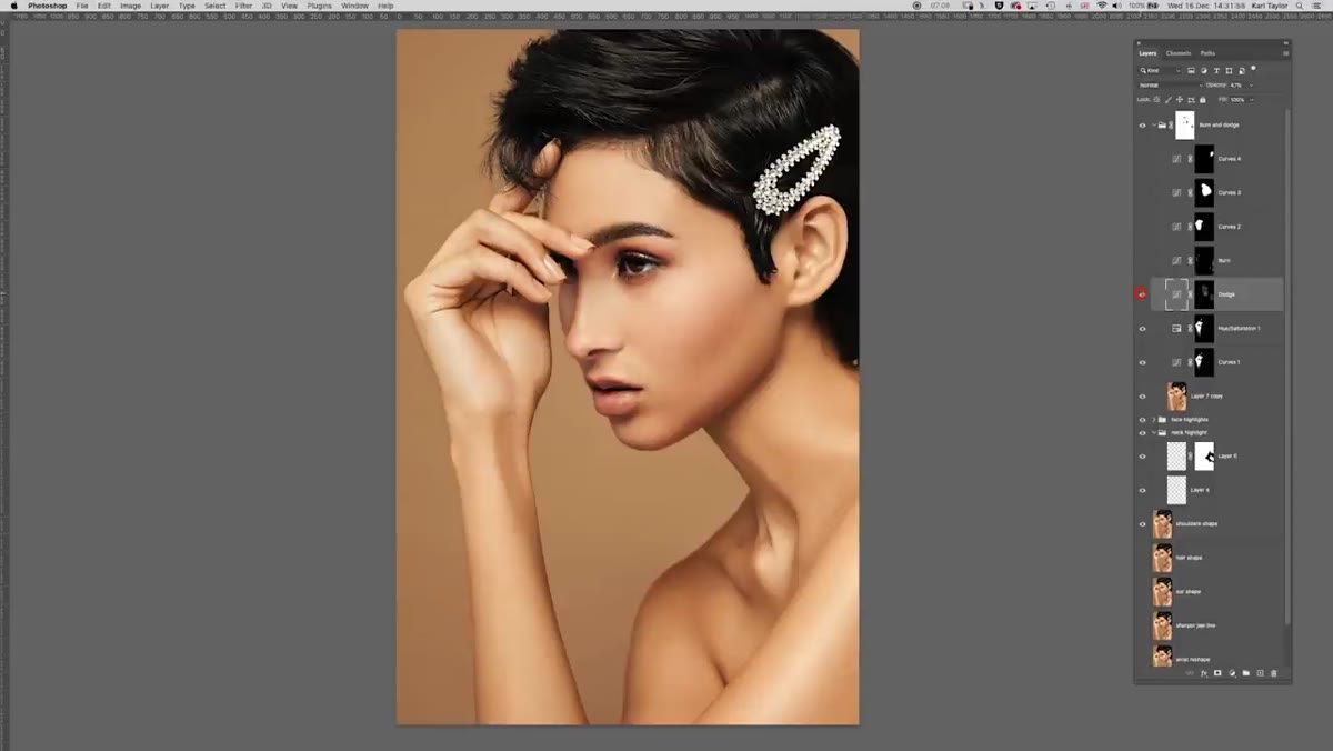 Dodge and burn layers applied to face and neck areas
