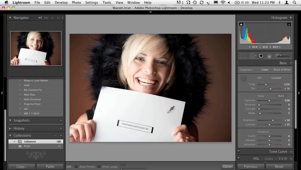 White balance eyedropper tool selected in Lightroom Develop module