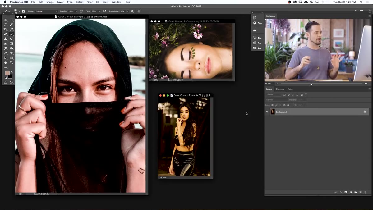 Two portrait images open alongside a reference image in Photoshop