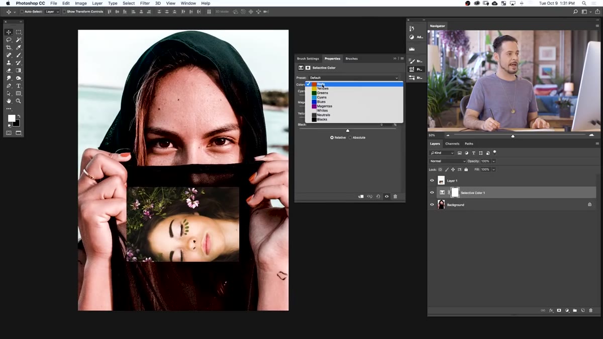 Selective Color panel open with Reds selected in the color dropdown