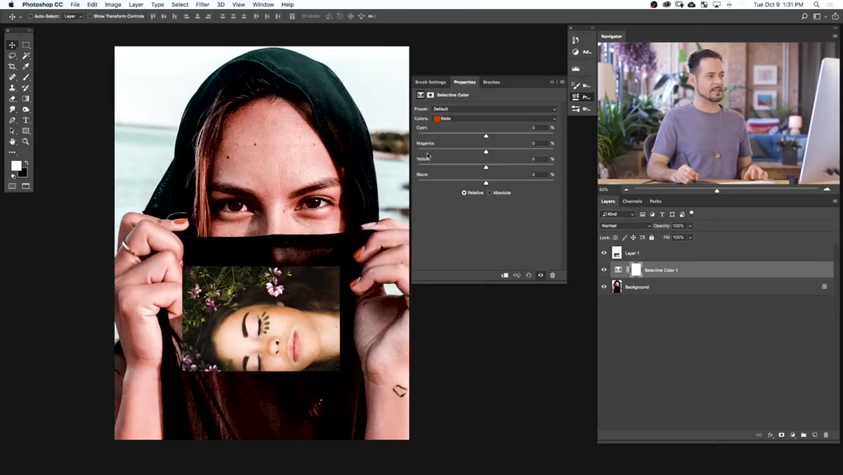 Cyan and Yellow sliders shown in the Selective Color panel